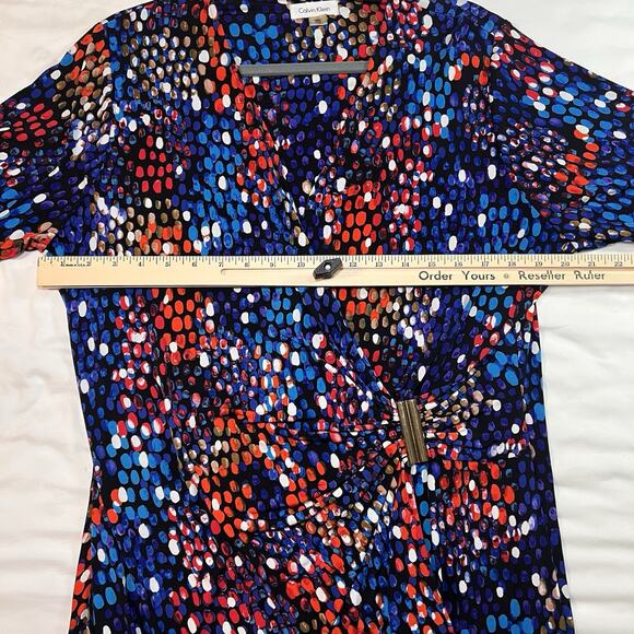 Calvin Klein Faux Wrap Dress Plus Size 18W Blue Colorful Dot Print Ruched Jersey - Picture 8 of 15